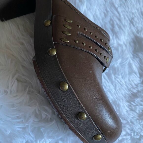 Ana Brown Leather Heeled Mule Clog Studded Shoes Size 7.5 M - Picture 10 of 11